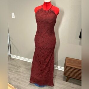 Tobi large red wine burgundy all over lace cross back fitted formal maxi dress
